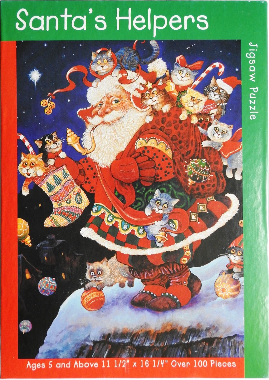 Santa Claus surrounded by many kittens on a snowy rooftop at night