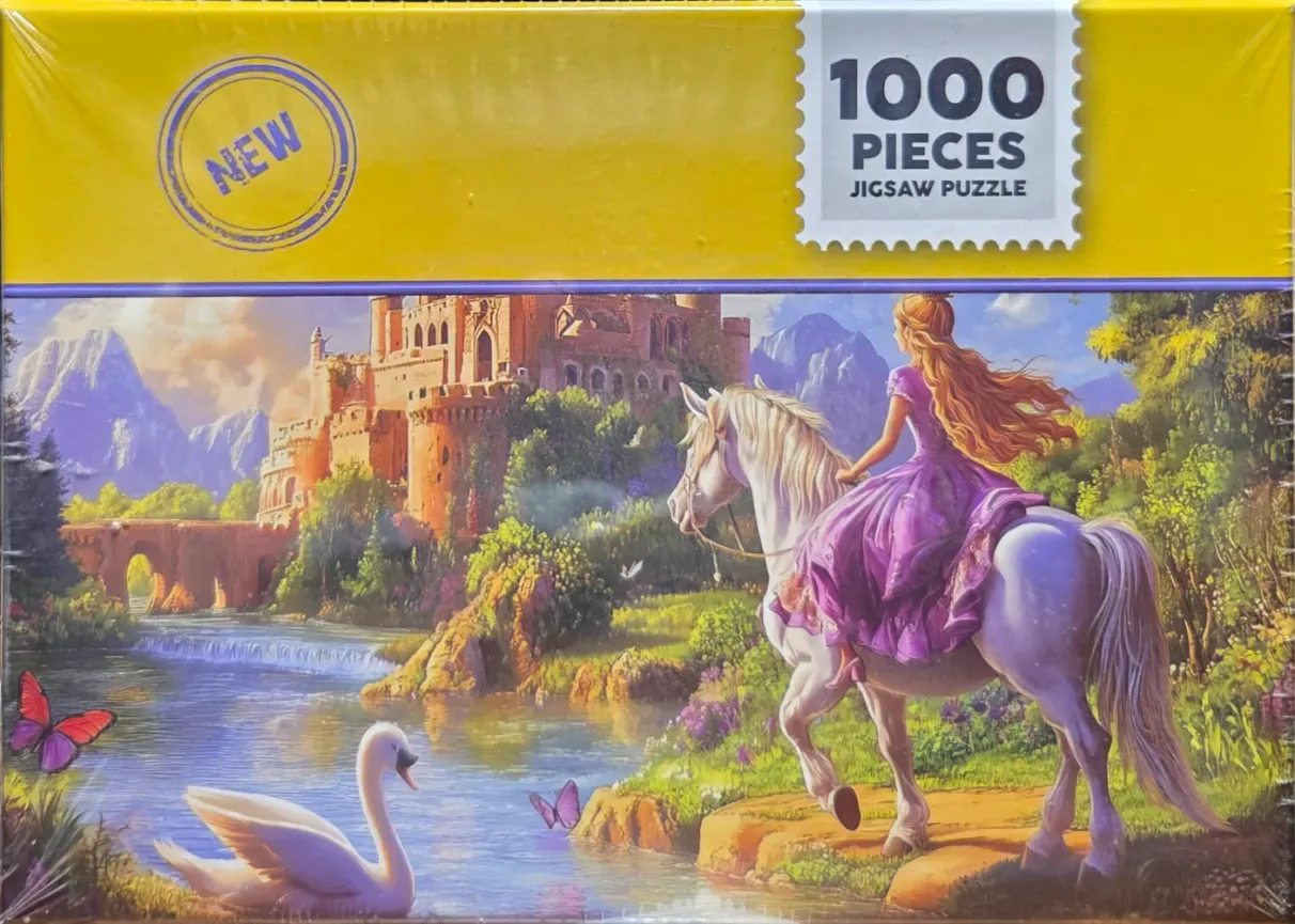A fairytale scene of a princess riding a white horse near a castle and river, in a fantasy illustration style.