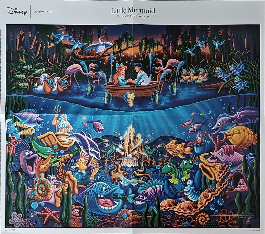 An illustration showing an underwater kingdom scene below a moonlit bay with a mermaid and prince in a boat.