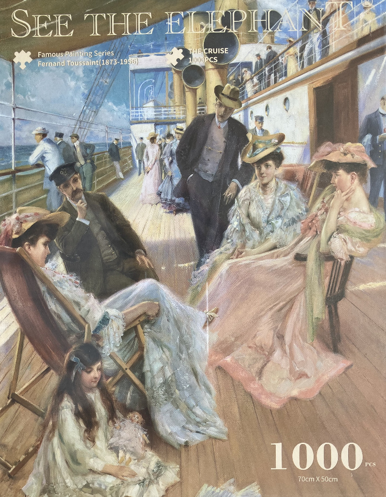 Impressionist painting of elegant men and women relaxing on the deck of a cruise ship