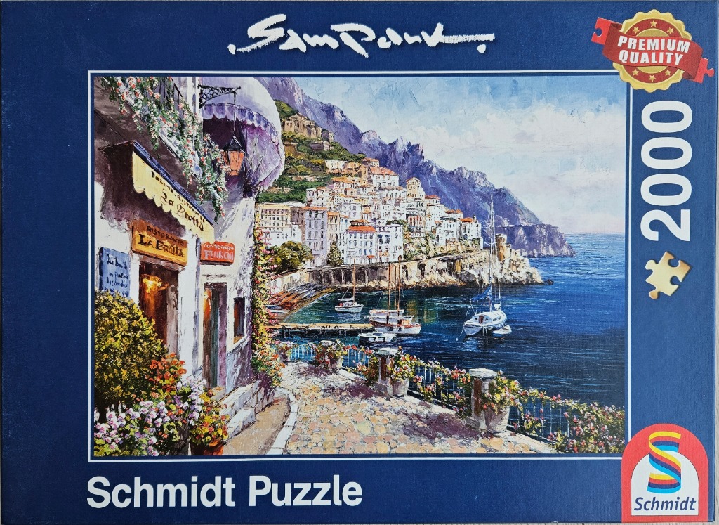 Oil painting of a coastal Mediterranean village with a restaurant, boats in the water, and mountains in the background.
