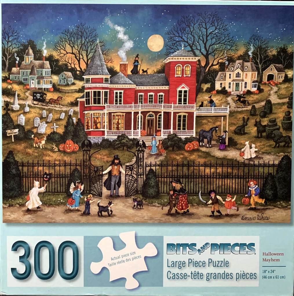 Folk art scene of a haunted red mansion at night with children trick-or-treating in a cemetery.