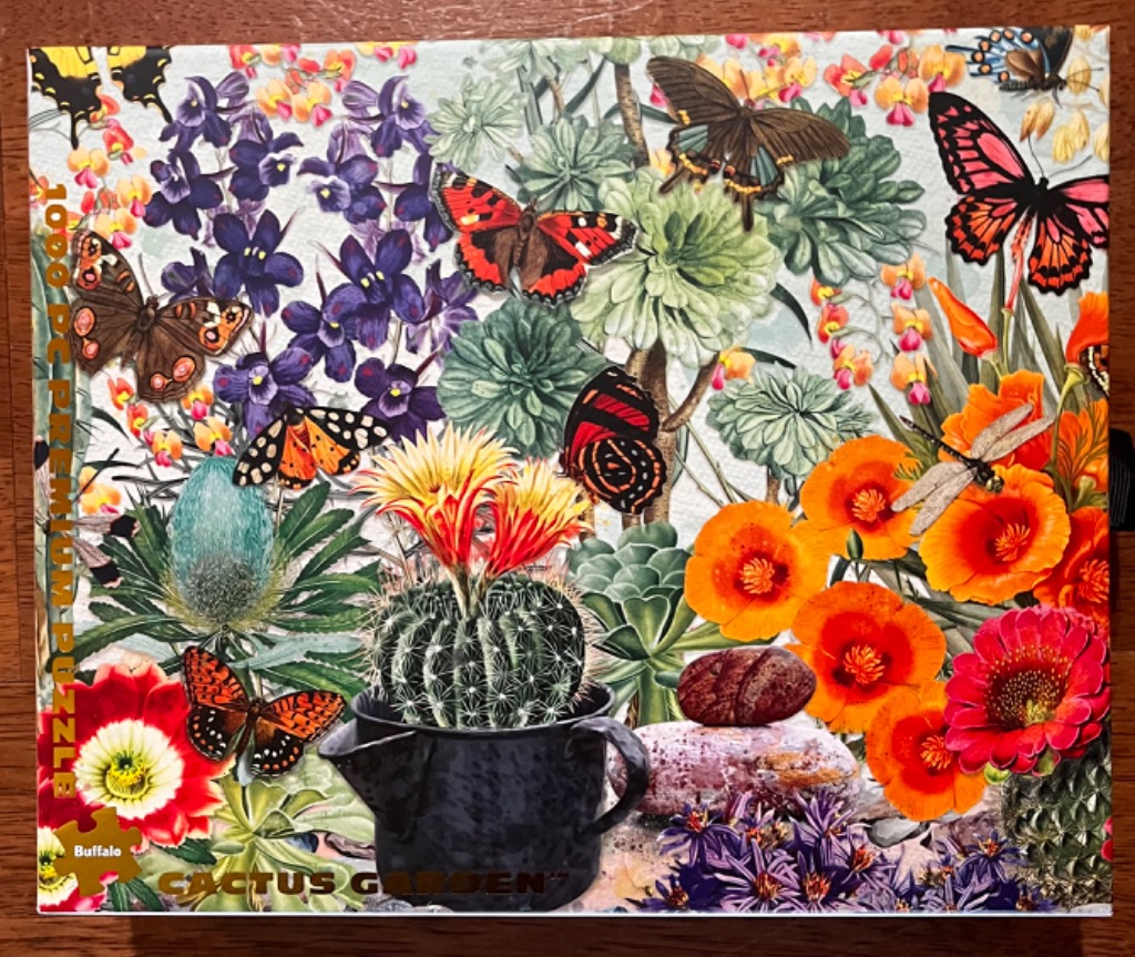 A botanical illustration featuring a cactus in a pot, various wildflowers, and several butterflies.