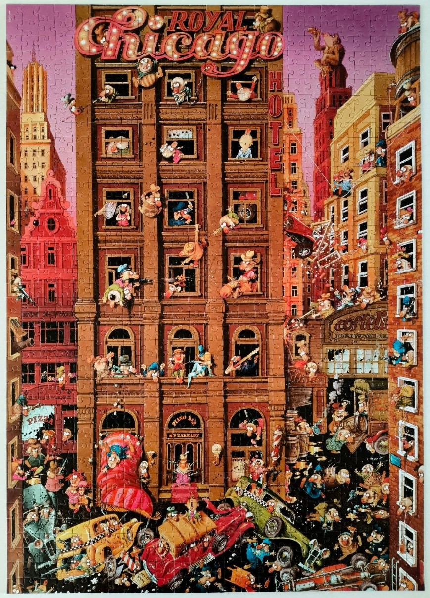 A detailed, cartoon-style depiction of the Royal Chicago Hotel featuring many chaotic characters in an urban setting.