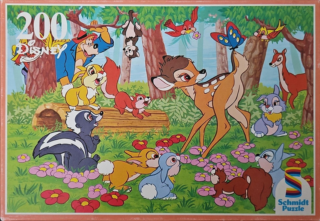 Illustration of Bambi and various Disney forest animal friends in a vibrant, colorful woodland meadow.
