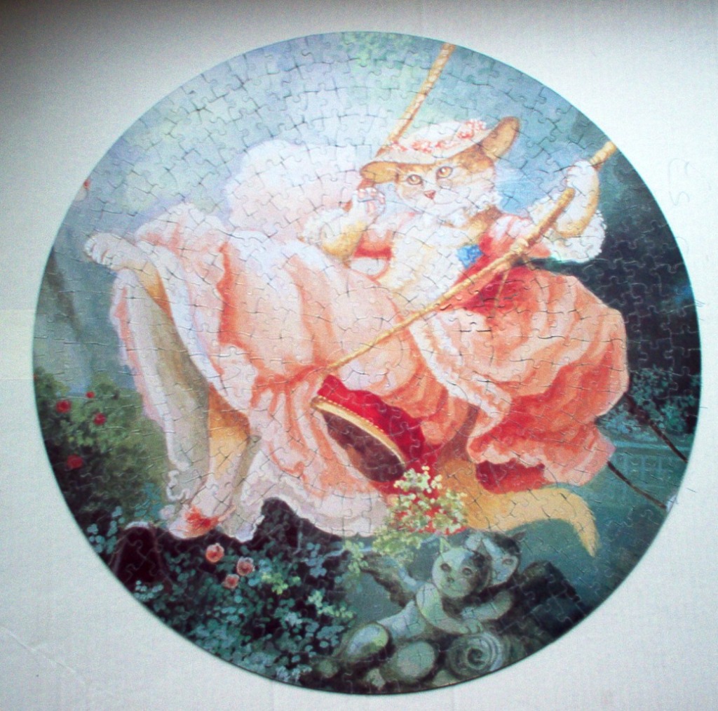 A whimsical circular painting of an anthropomorphic cat in a Victorian gown swinging in a garden.