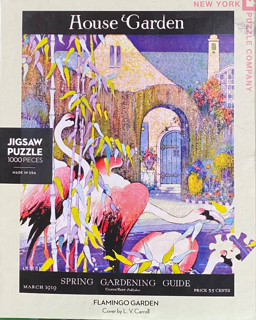 A vintage illustration of two pink flamingos in a lush, stylized garden setting with a stone archway.