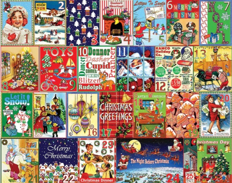 A festive advent calendar grid featuring 25 vintage-style Christmas illustrations numbered in sequential order.