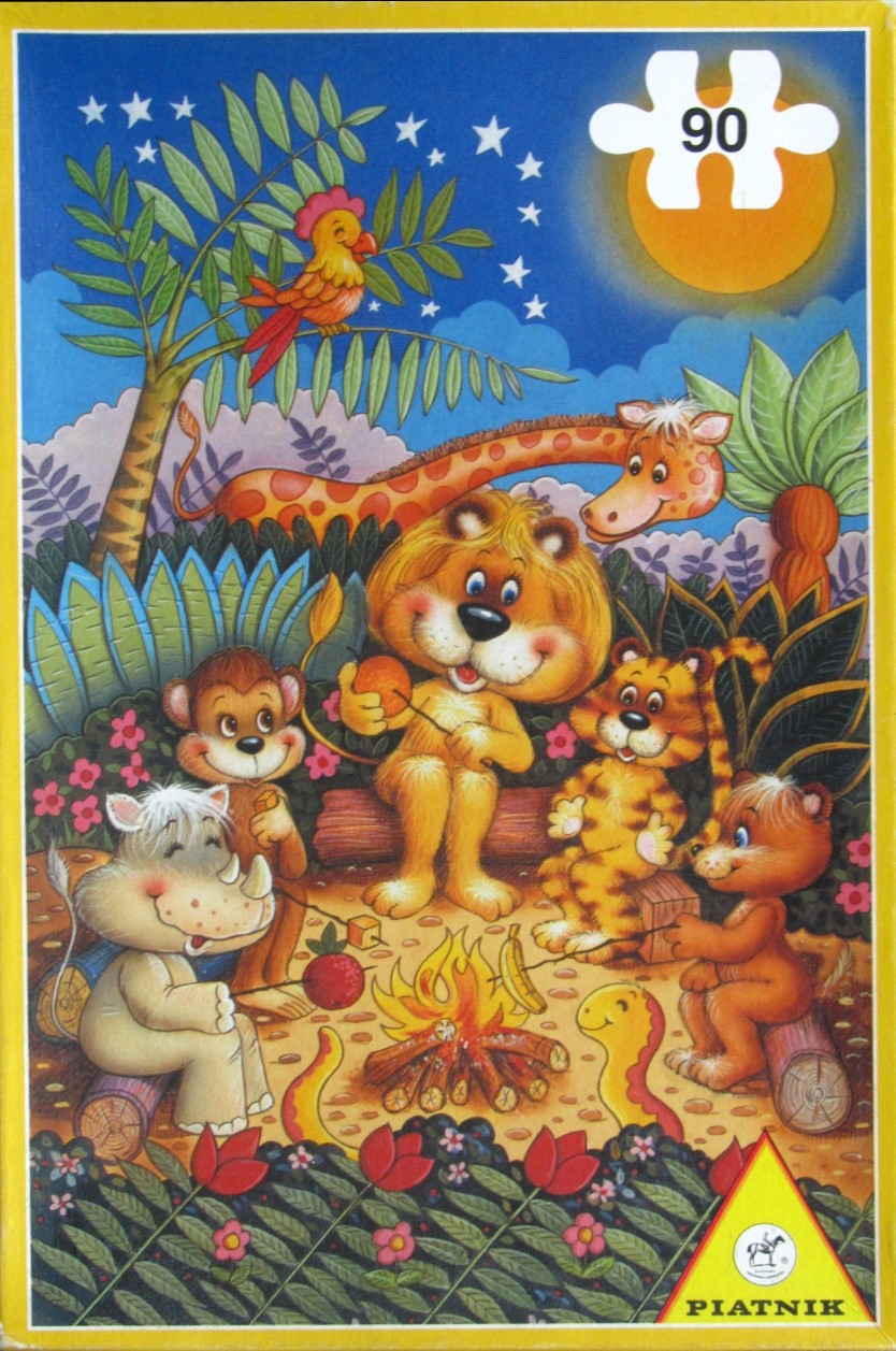 Cartoon illustration of friendly jungle animals roasting food over a campfire at night.