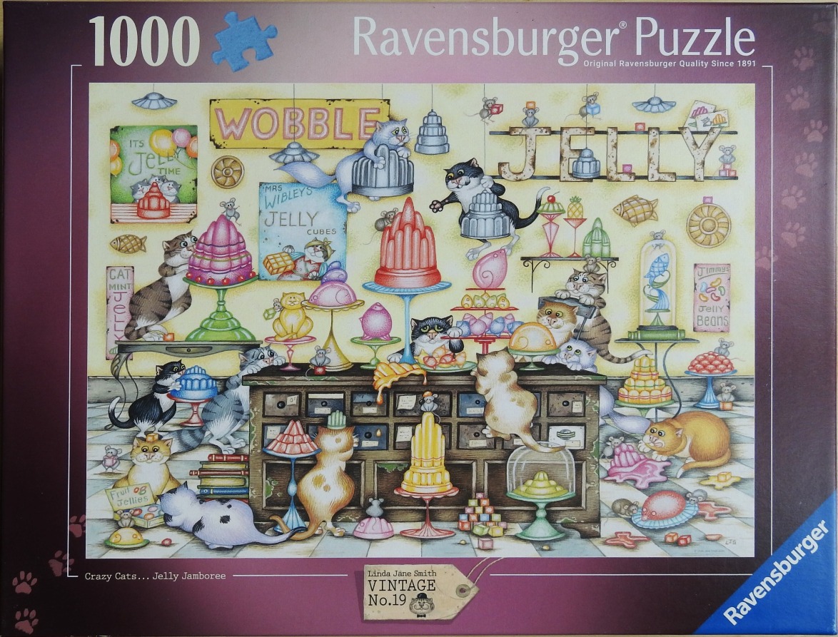 Whimsical illustration of numerous cats interacting with various jellies and molds on shelves and a counter.