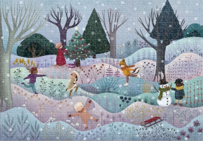 An illustration of children playing in a snowy winter forest with a Christmas tree and a snowman.