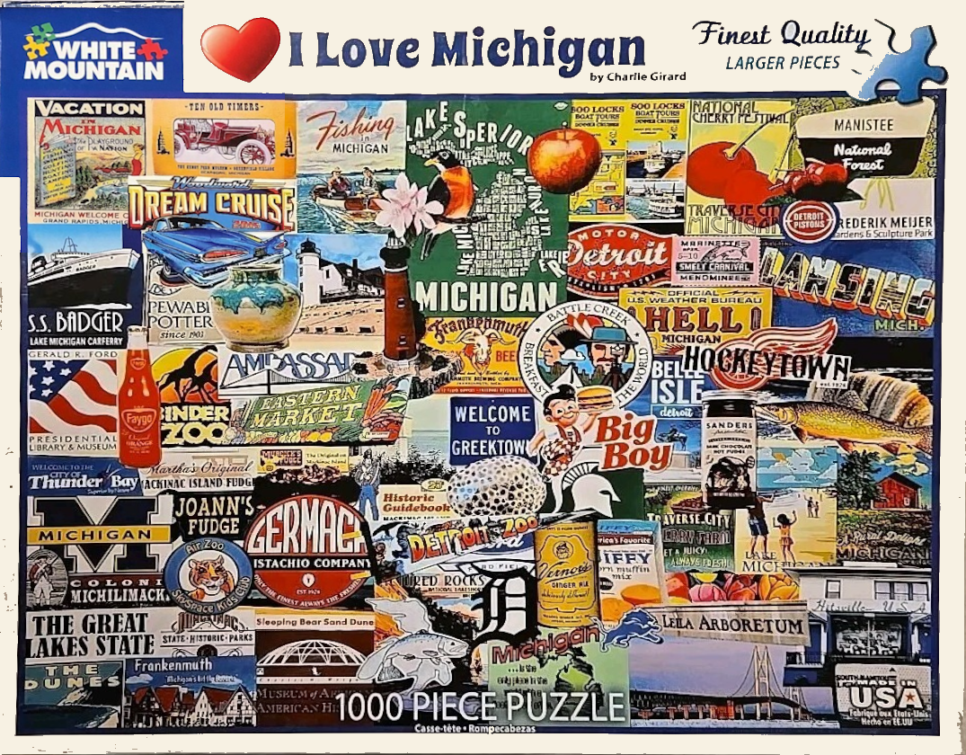 A collage of vintage-style advertisements, signs, and iconic imagery representing the state of Michigan.
