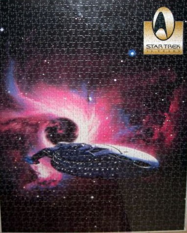 The Starship Enterprise flying through a vibrant pink and purple nebula in deep space.