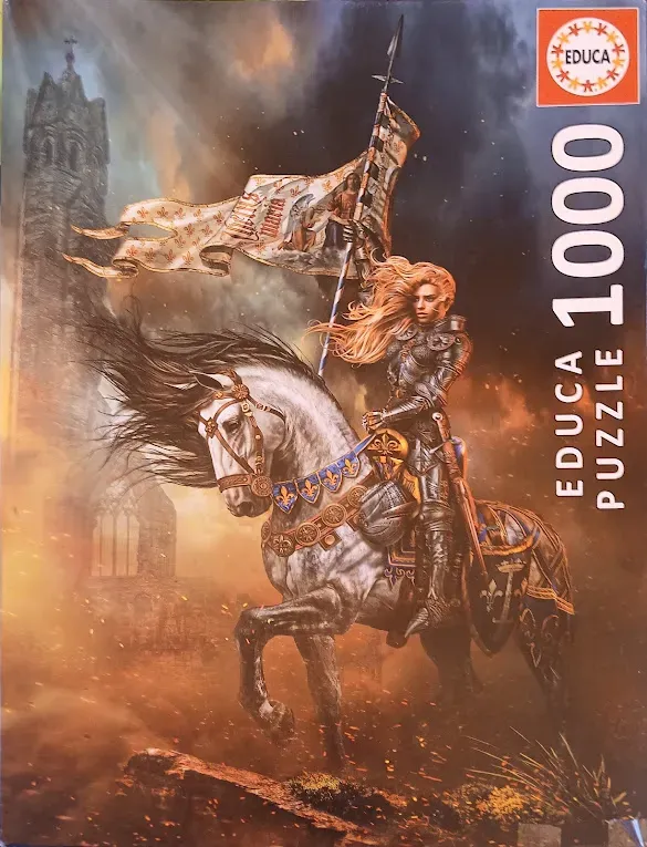 A Joan of Arc-style warrior woman in medieval armor riding a dappled grey horse under a turbulent, stormy sky.