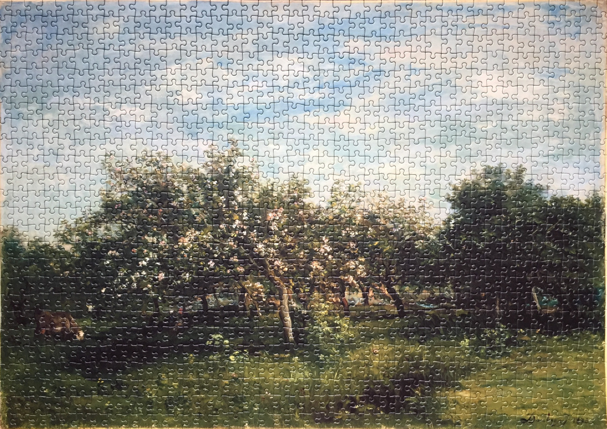 An impressionist-style painting of an orchard in spring with white blossoms under a bright blue sky.