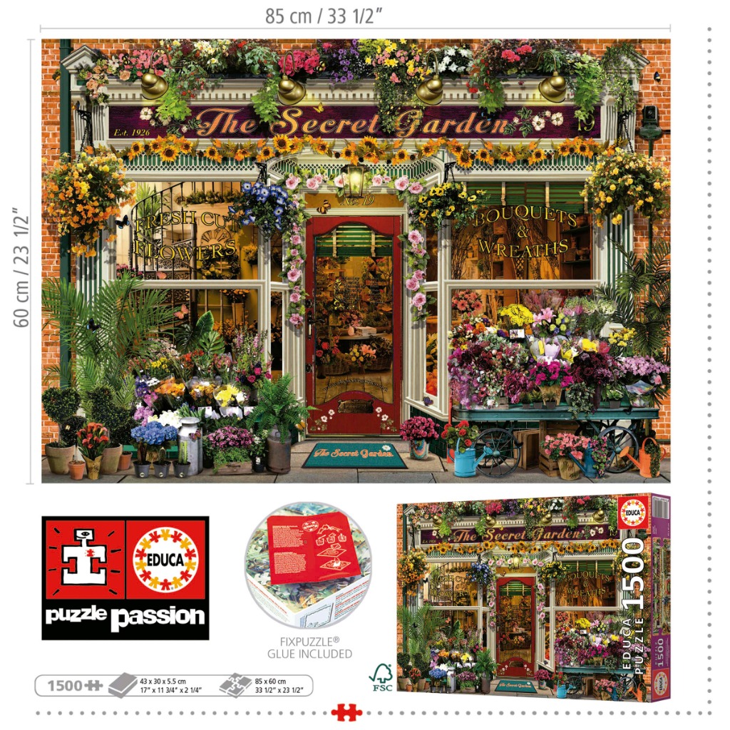 A charming, flower-filled florist shop facade labeled The Secret Garden.