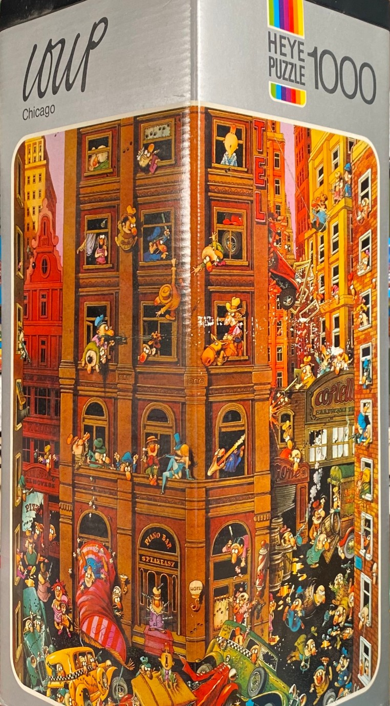 A chaotic, comedic cartoon illustration of a bustling 1920s Chicago street corner with comical characters in buildings.