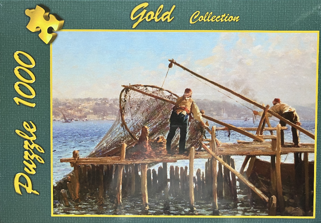 Oil painting of two fishermen on a rustic wooden pier operating a large triangular dip net over blue water.