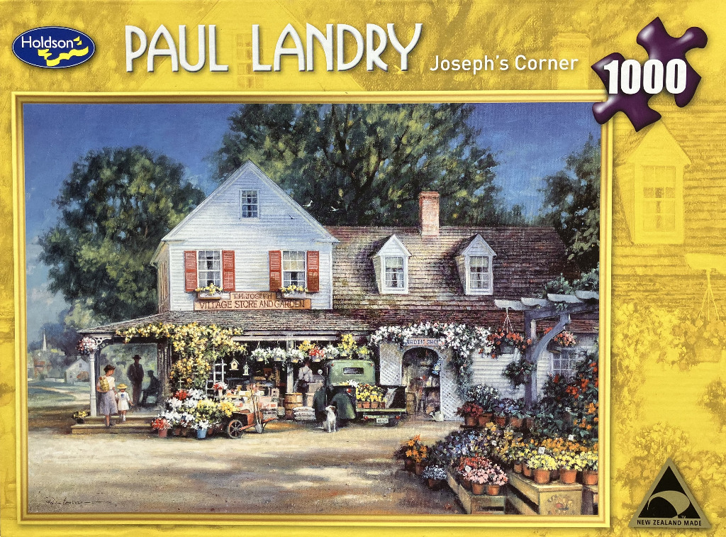 An oil painting of a charming white village store with a garden market and people visiting on a sunny day.