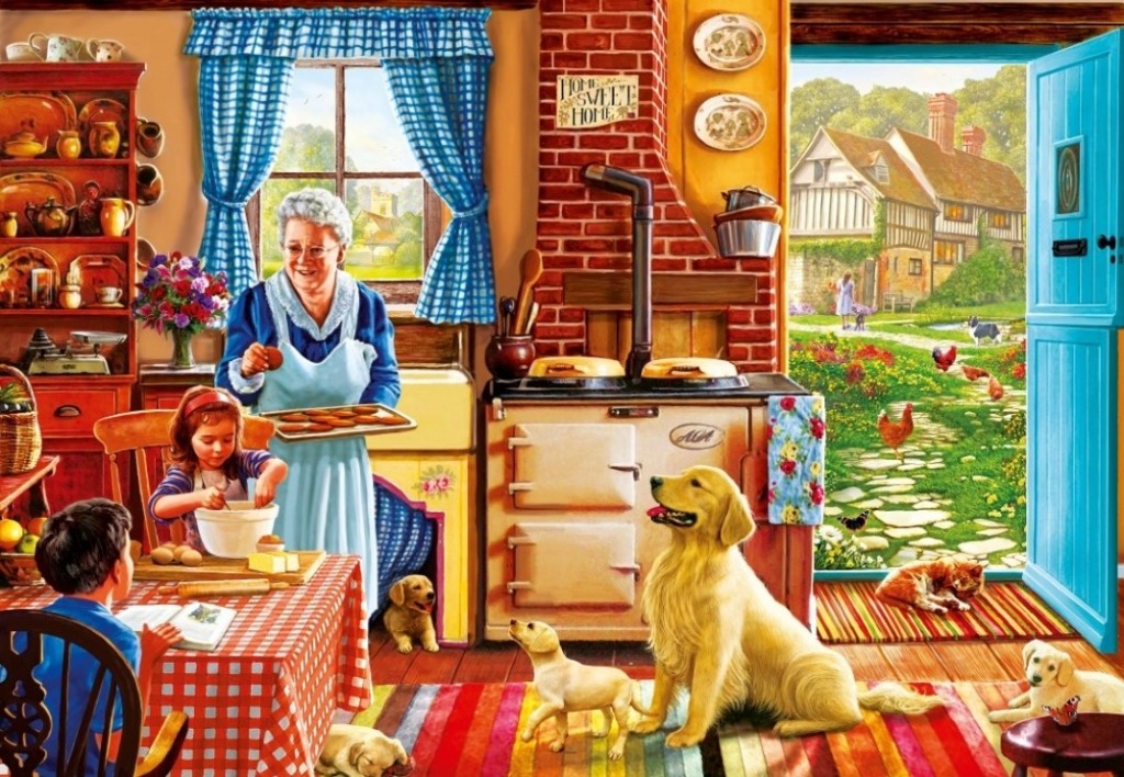 A cozy country kitchen scene featuring a grandmother, children, and several dogs.