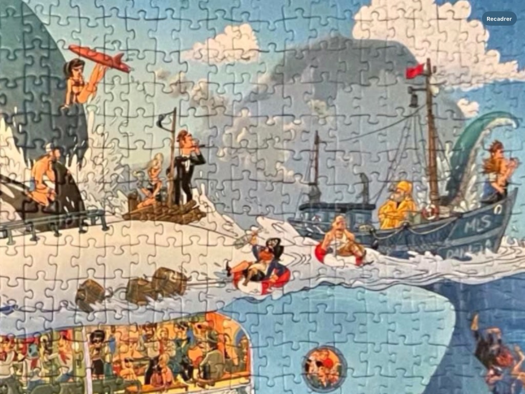 Cartoon illustration of a chaotic nautical scene featuring a ship, various people in the water, and a submarine view.