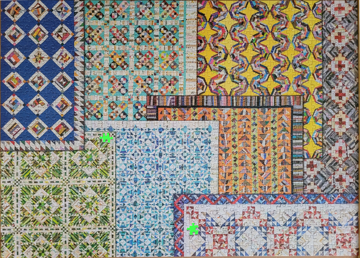 A collage of various colorful and patterned quilt designs featuring geometric blocks and intricate stitching patterns.