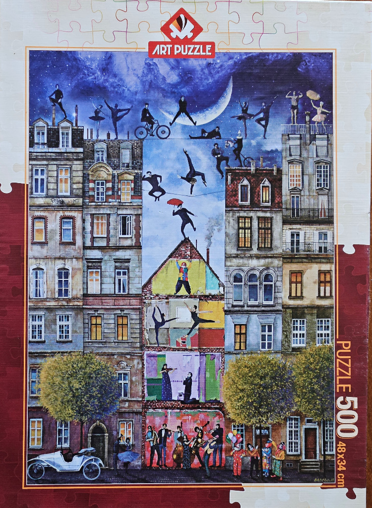 Surreal illustration of acrobats, musicians, and performers interacting with a European city street at night.