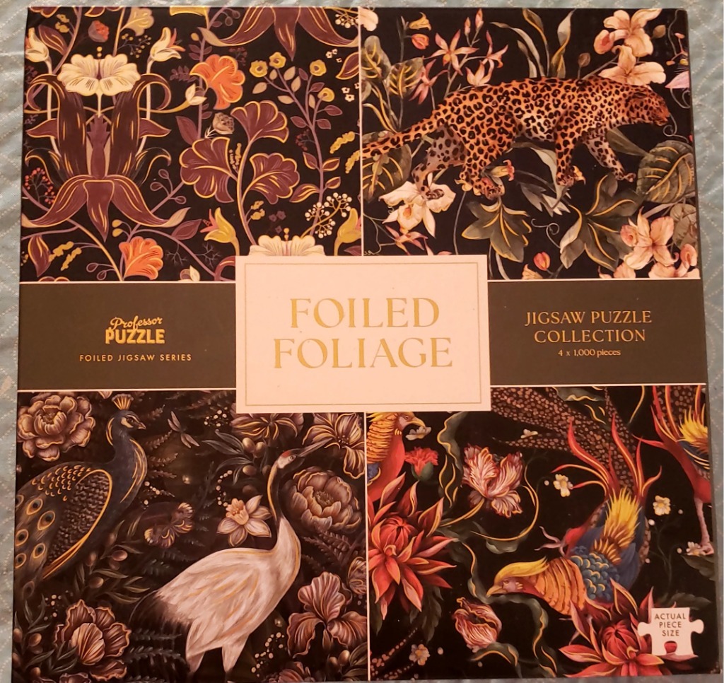 Four panels of dark, ornate botanical patterns featuring a leopard, a peacock, a crane, and a phoenix.