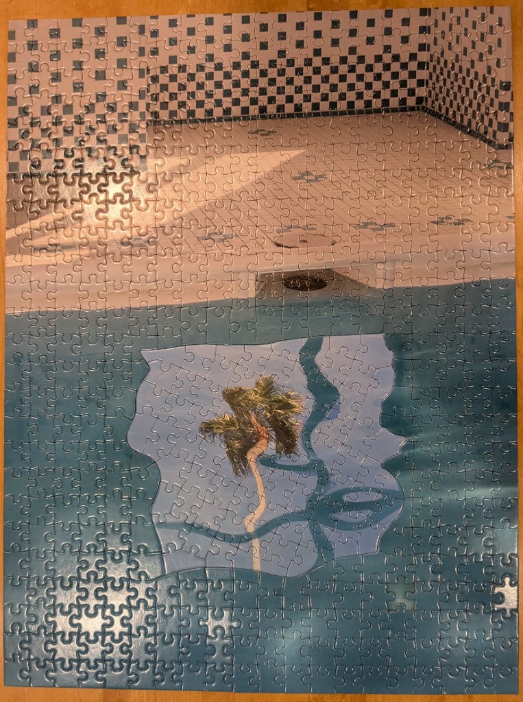 A surreal photograph of a swimming pool with a palm tree reflected in the water and checkered tiled walls.