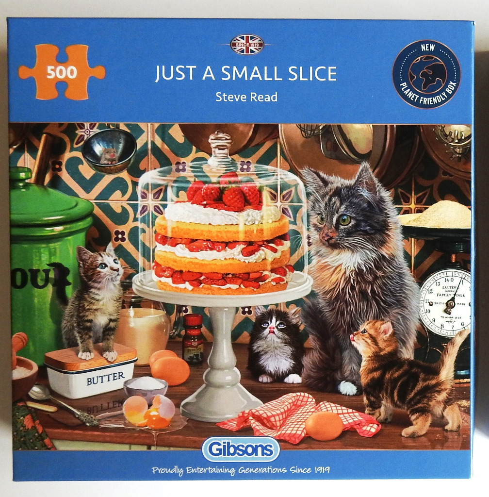 Illustration of a multi-layered strawberry cake on a pedestal surrounded by several kittens in a kitchen