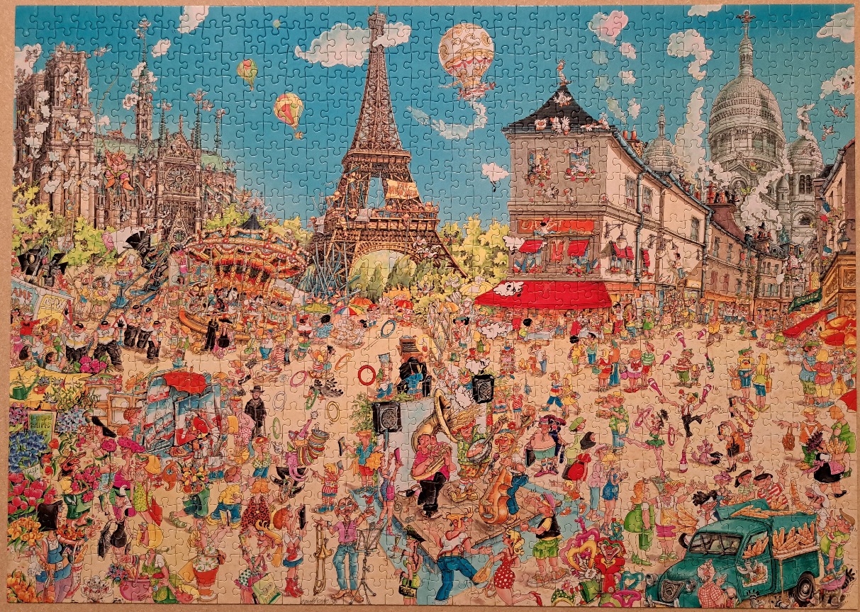 Cartoon illustration of a busy, festive scene in Paris with famous landmarks and many people.