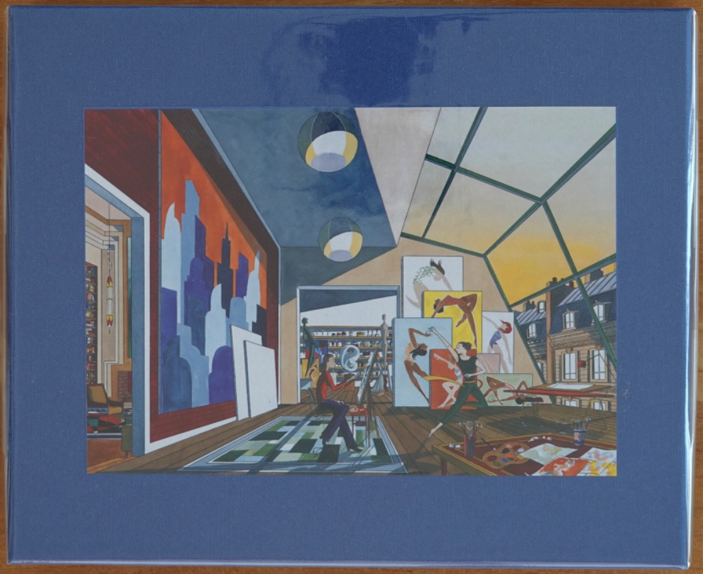 An artist in a bright, modern studio with city views and canvases featuring dancers.