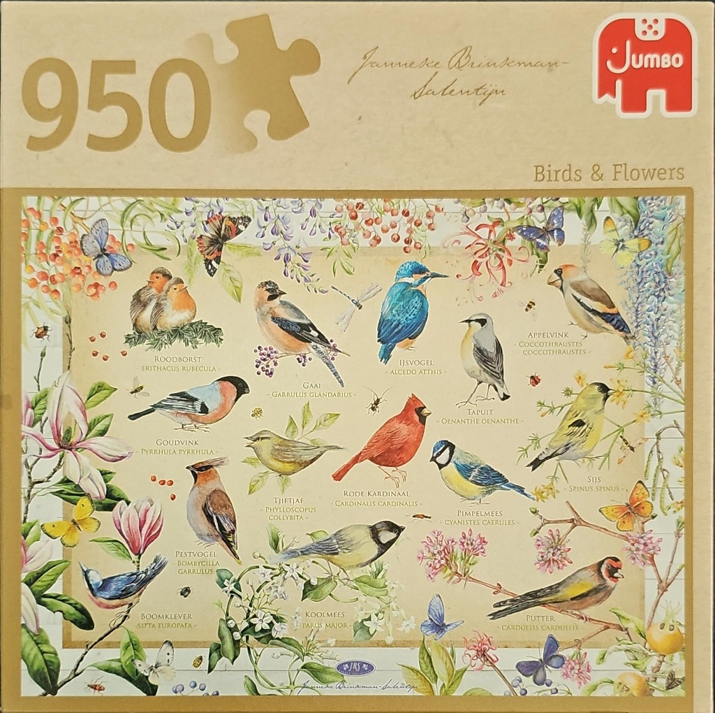 Botanical illustration featuring a variety of colorful birds, butterflies, and floral elements on a cream background.