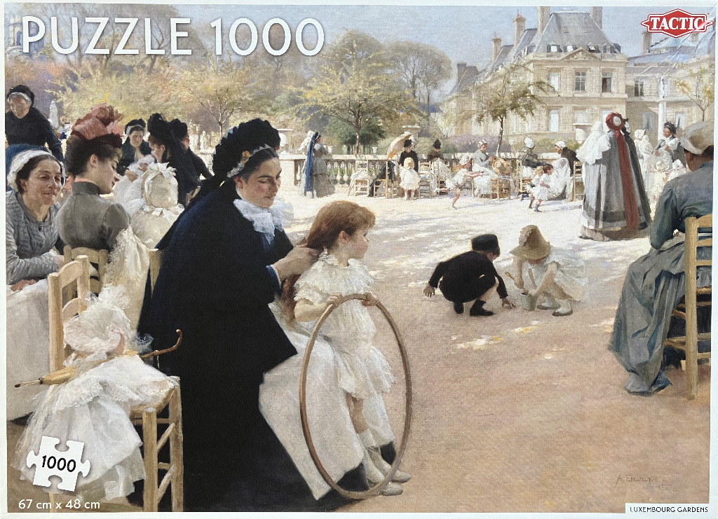 An impressionist painting of women and children in the Luxembourg Gardens in Paris.
