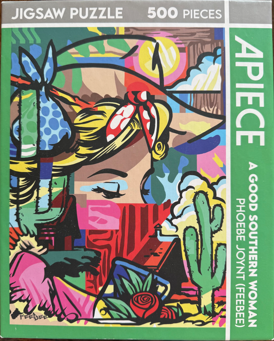 Pop art style illustration of a woman wearing a bandana in a desert setting with cacti and a small shack.