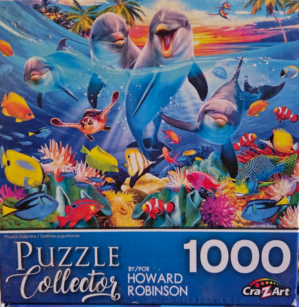 Three cheerful dolphins swimming above a vibrant coral reef filled with tropical fish at sunset.