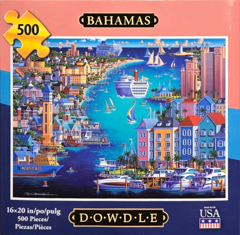 Vibrant illustration of Nassau, Bahamas, featuring a busy harbor with cruise ships, sailboats, and colorful buildings.