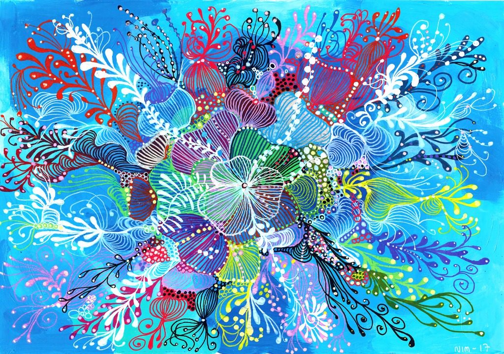 Abstract illustration of colorful, flowing organic shapes resembling coral or flowers on a bright blue background.