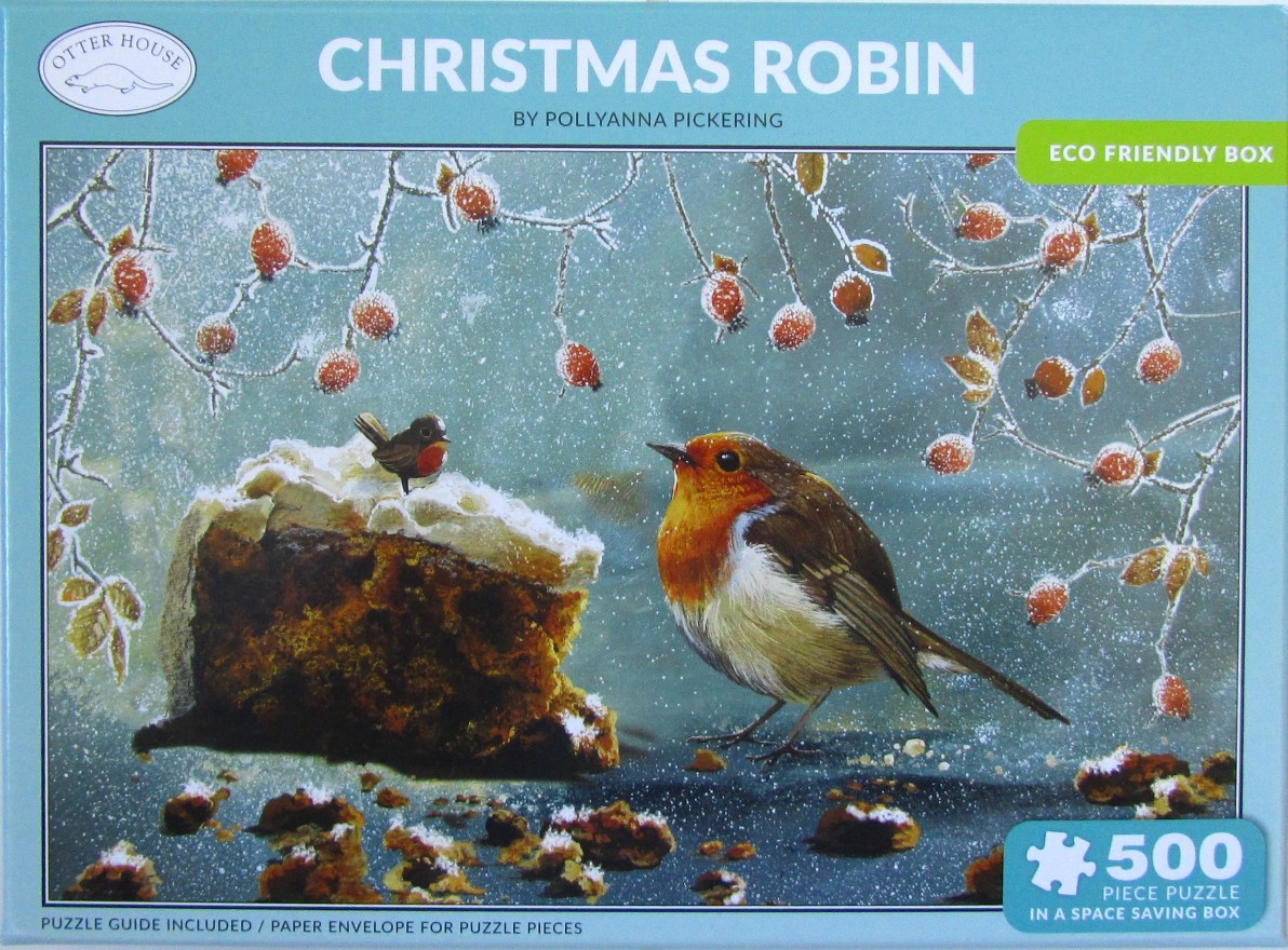 A realistic painting of a robin perched next to a slice of iced fruit cake in a snowy winter garden.