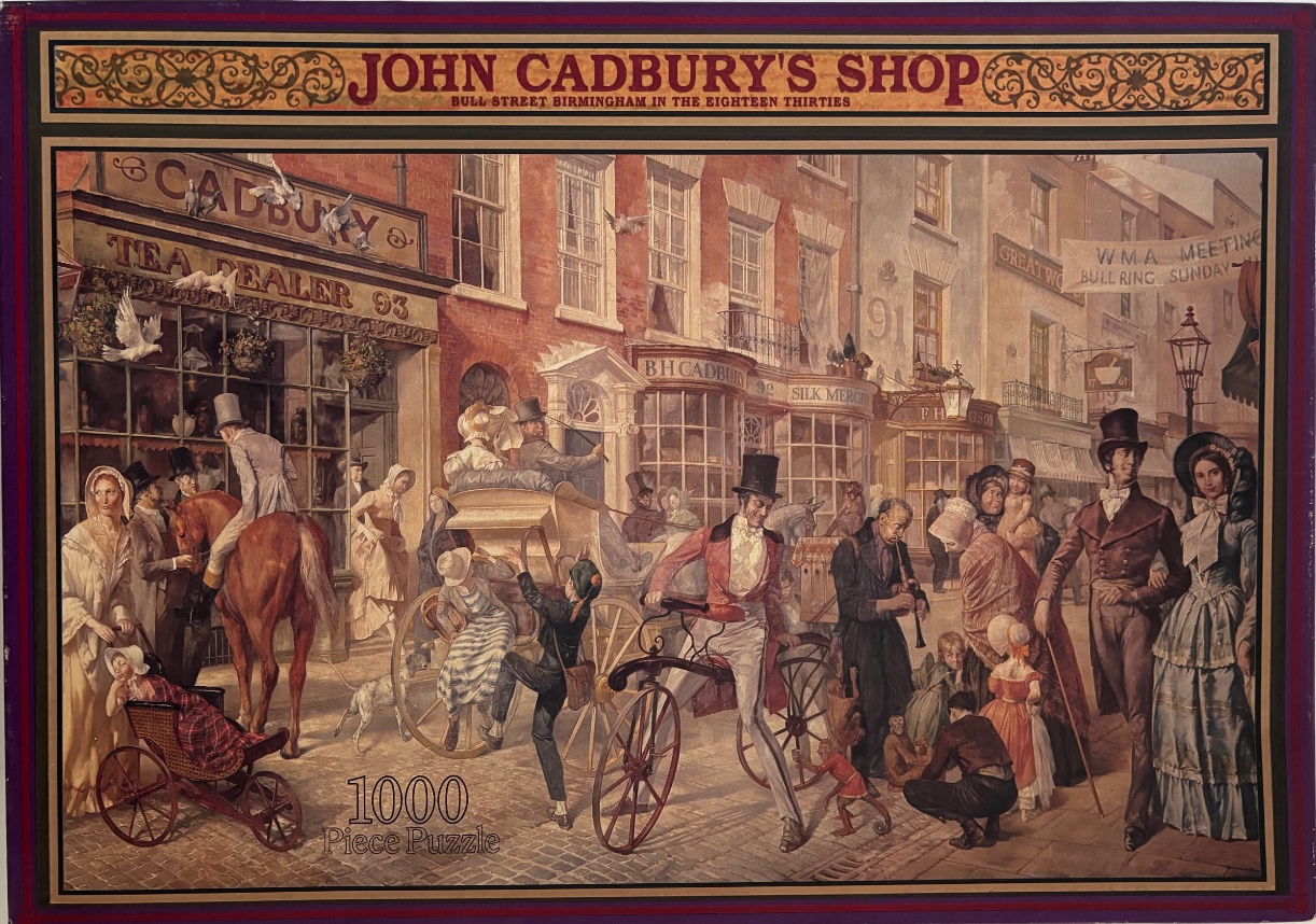 A bustling 1830s Birmingham street scene featuring the original Cadbury tea shop with horse-drawn carriages and figures.