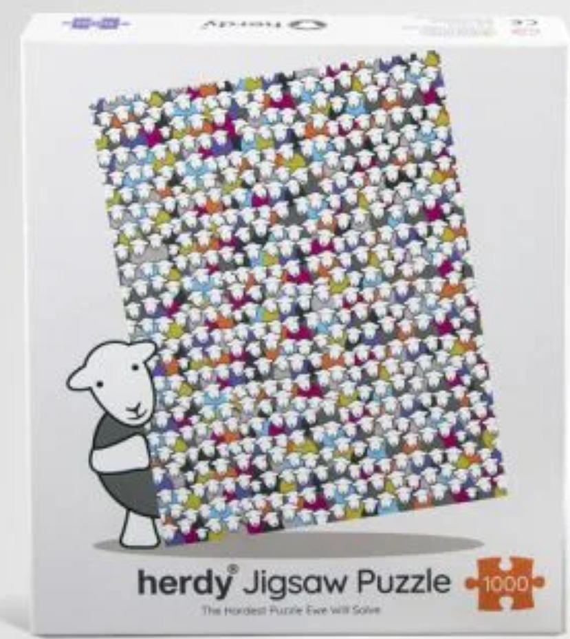 A whimsical illustration of a large rectangular grid of colorful sheep and one large sheep peeking from the left side.