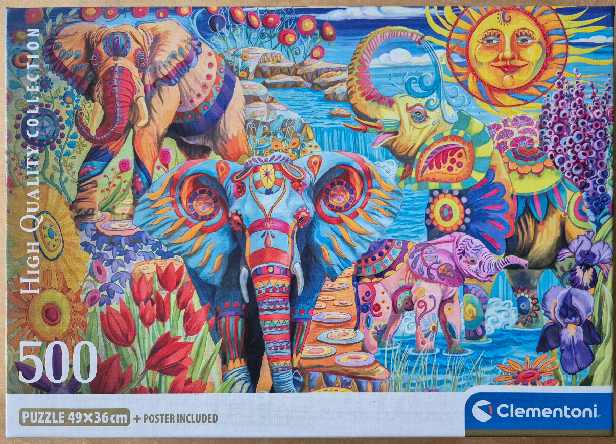 Colorful, stylized illustration of three elephants surrounded by vibrant, psychedelic flora and a smiling sun.