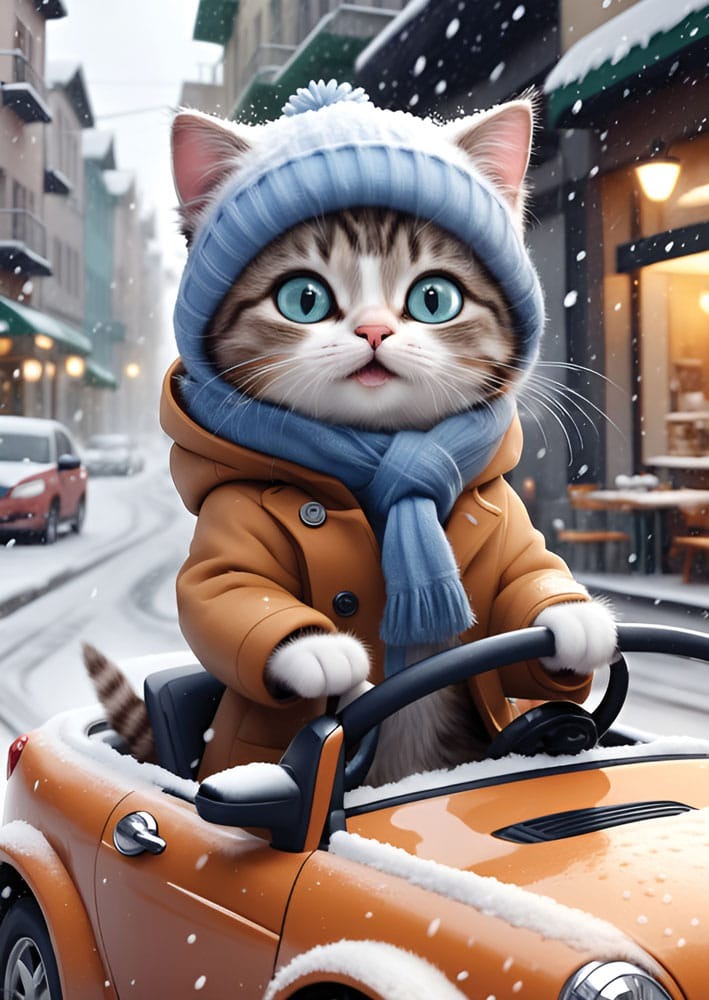 A kitten wearing a hat and scarf driving a small orange car in a snowy city