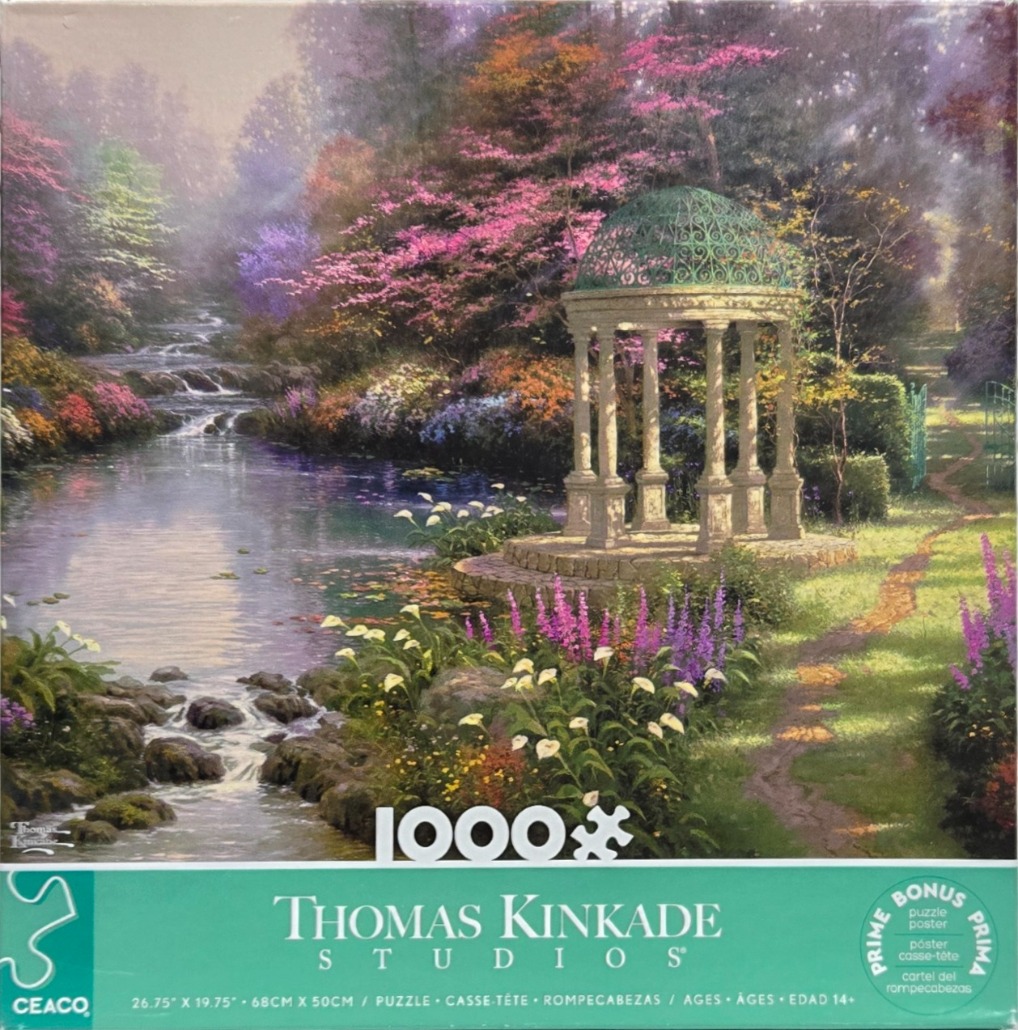 A romantic garden scene featuring a stone gazebo, a flowing stream, and colorful blooming trees in a painterly style.