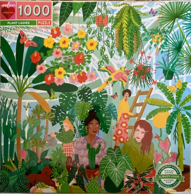 An illustration of four diverse women surrounded by various houseplants and flowers in a greenhouse.