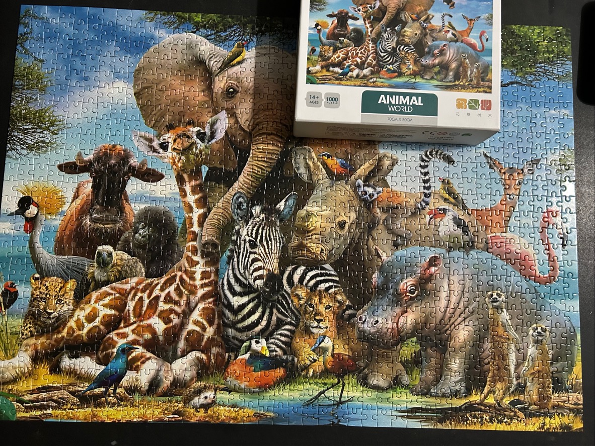 A crowded illustration of various African savanna animals gathered together in a sunlit landscape.