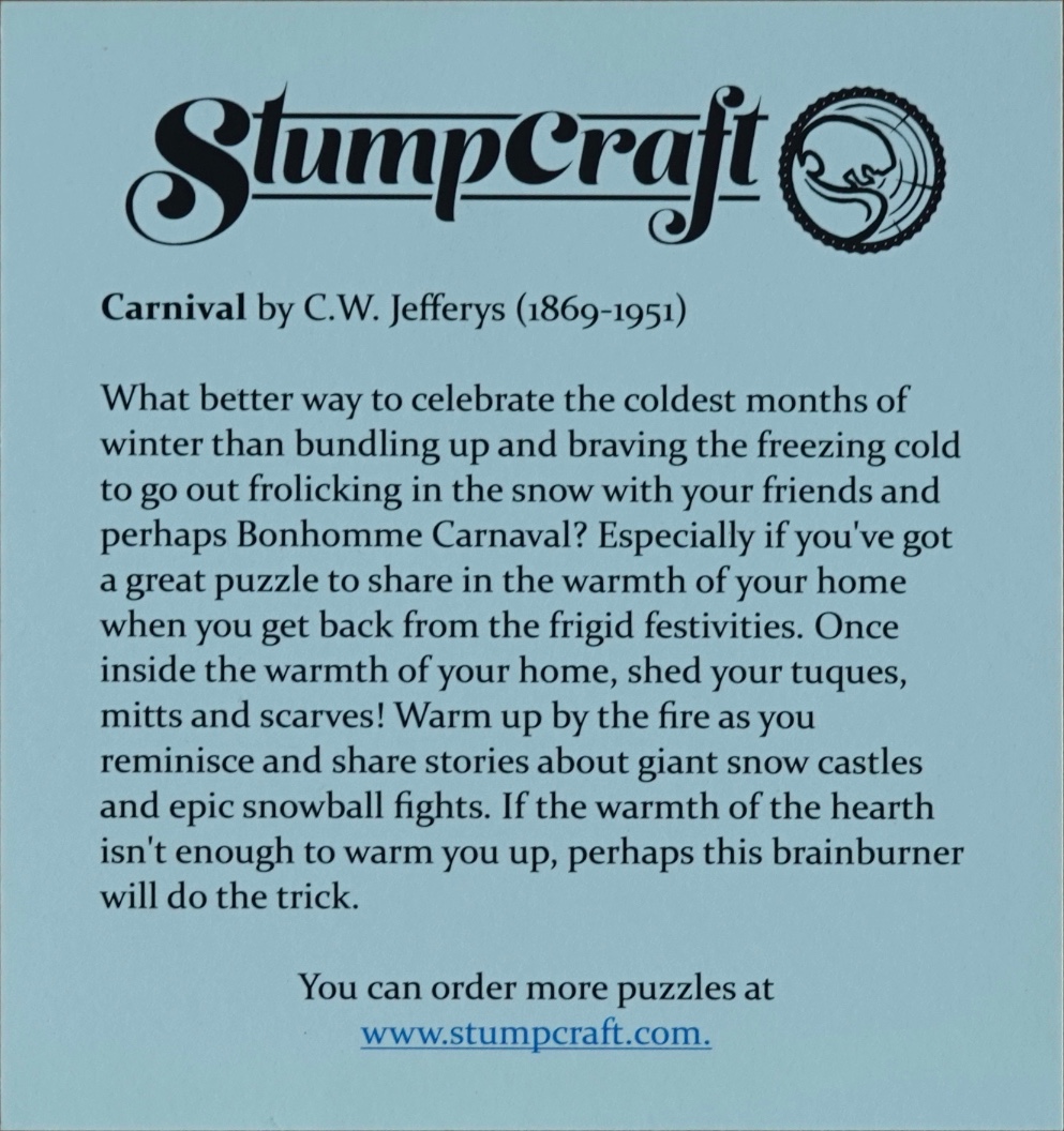 A blue information card with black text describing winter festivities and the artist C.W. Jefferys.