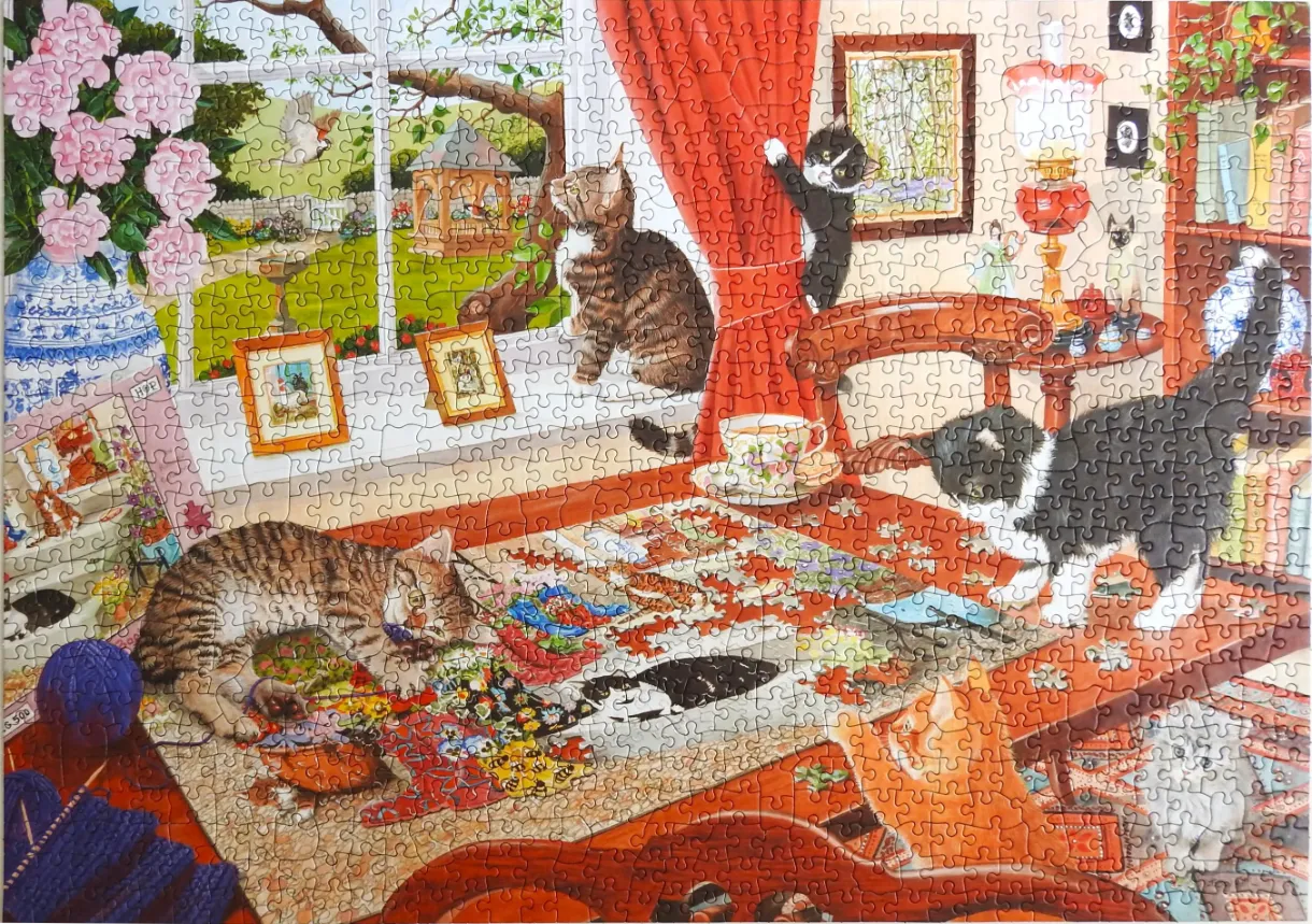 An illustration of many cats playing in a cozy living room with a large window overlooking a garden.