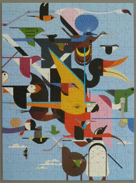 An abstract illustration of many diverse birds layered against a pale blue sky.
