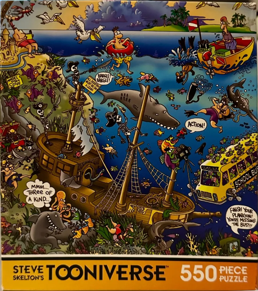 A vibrant cartoon illustration of a chaotic underwater scene featuring pirates, sharks, and a yellow school bus.